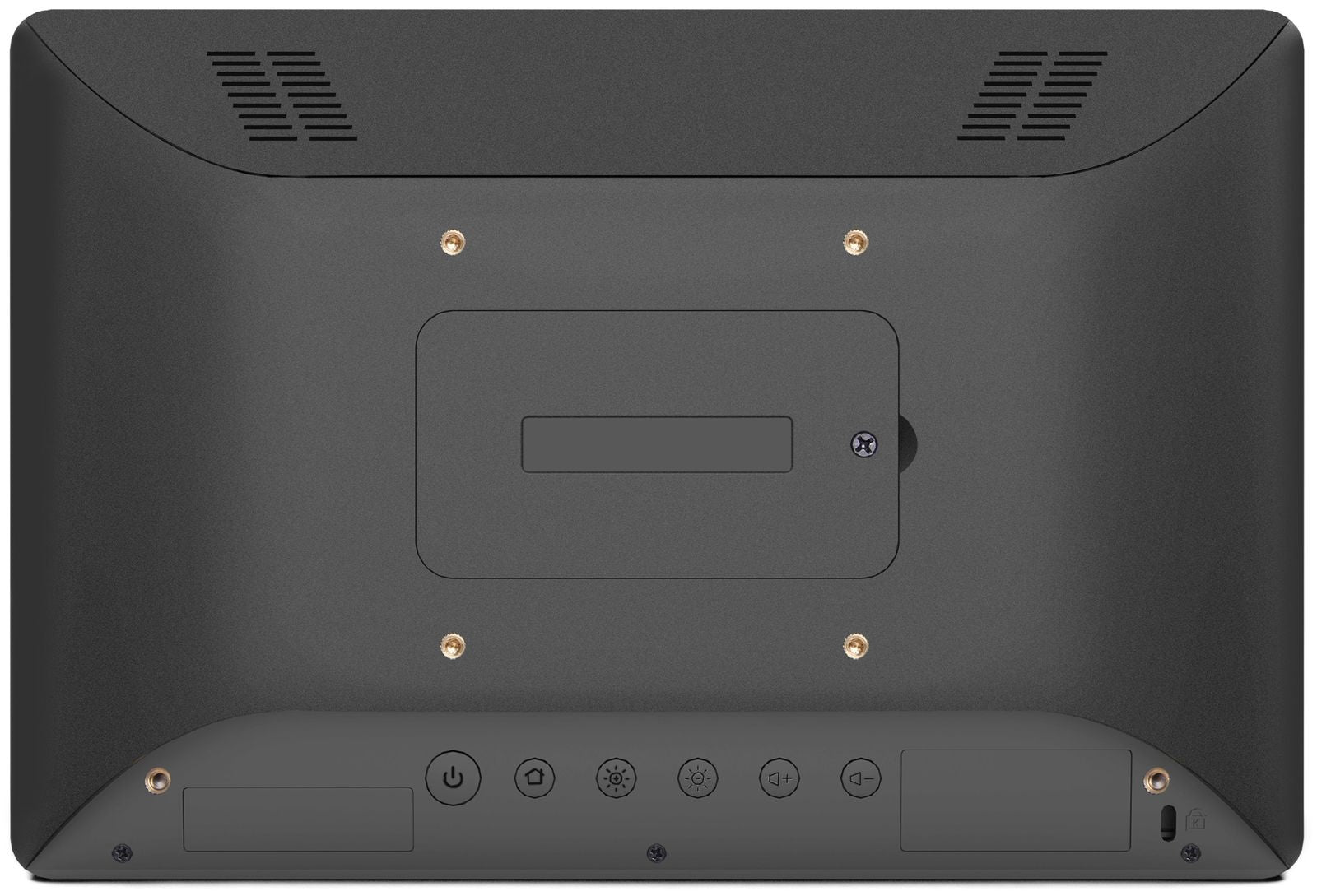 Back view of black IT monitor with mounting holes, ventilation slots, and control buttons for business use