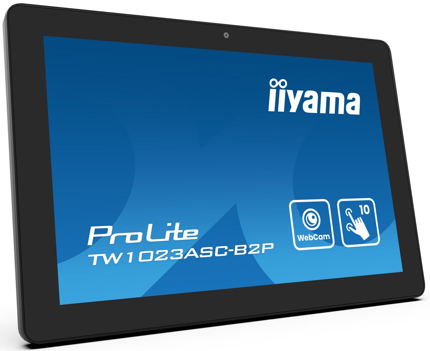 iiyama ProLite TW1023ASC-B2P 10-point touch monitor with webcam, sleek black frame, blue display