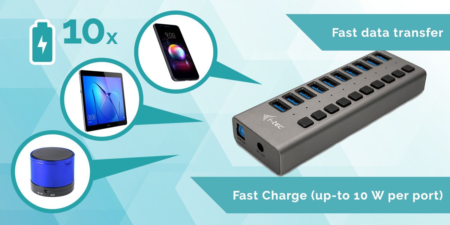 10-port USB charging station for fast data transfer and up to 10W per port charging