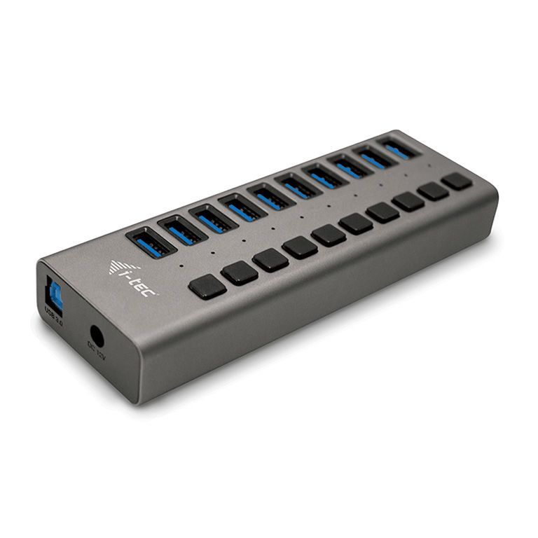 USB 3.0 hub with 10 ports and individual switches, compact design for office or home use