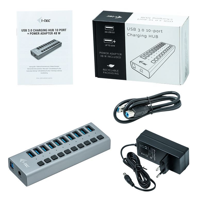 i-tec USB 3.0 10-port charging hub with 48W power adapter, ideal for businesses and resellers