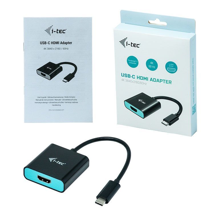 i-tec USB-C to HDMI adapter 4K 60Hz, compact black and teal design with packaging and manual