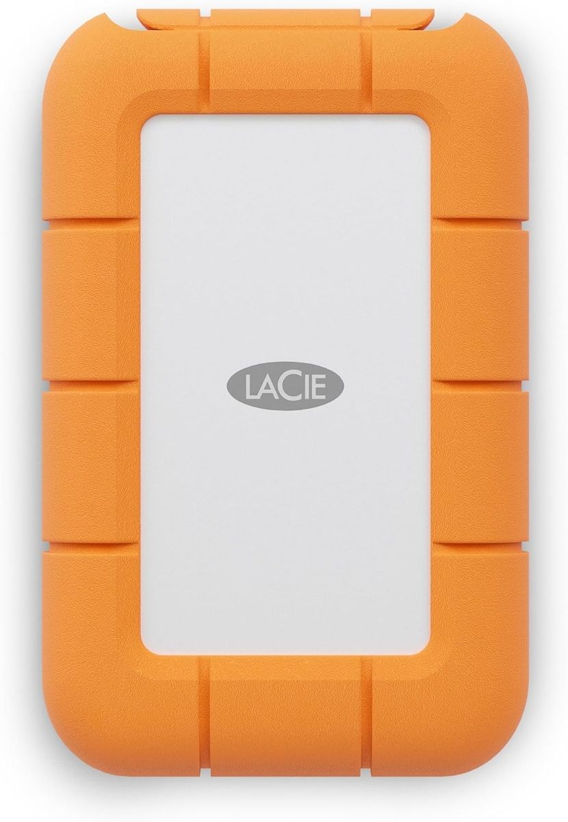 LaCie rugged external hard drive with orange protective casing for business IT storage