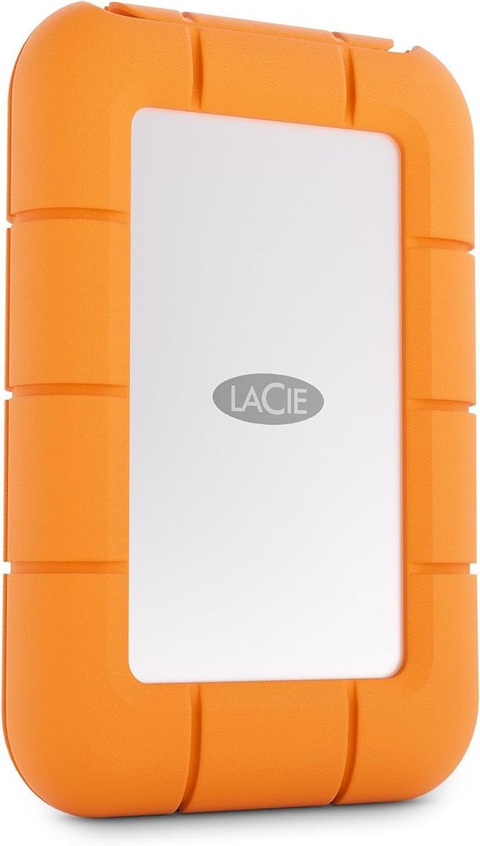 Lacie rugged external hard drive with orange protective casing for data storage