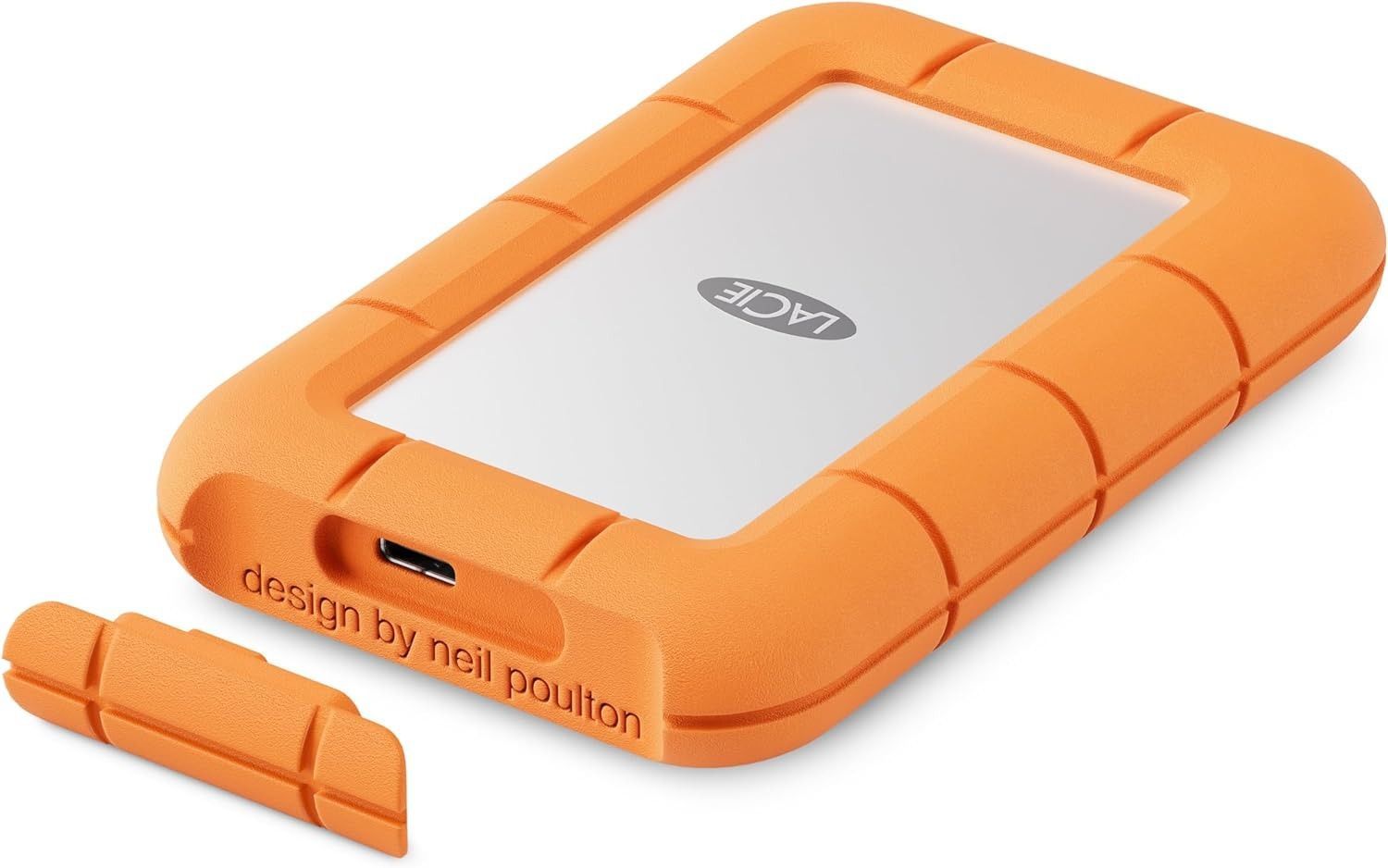 Orange rugged LaCie external SSD with USB-C port, designed by Neil Poulton for reliable data storage