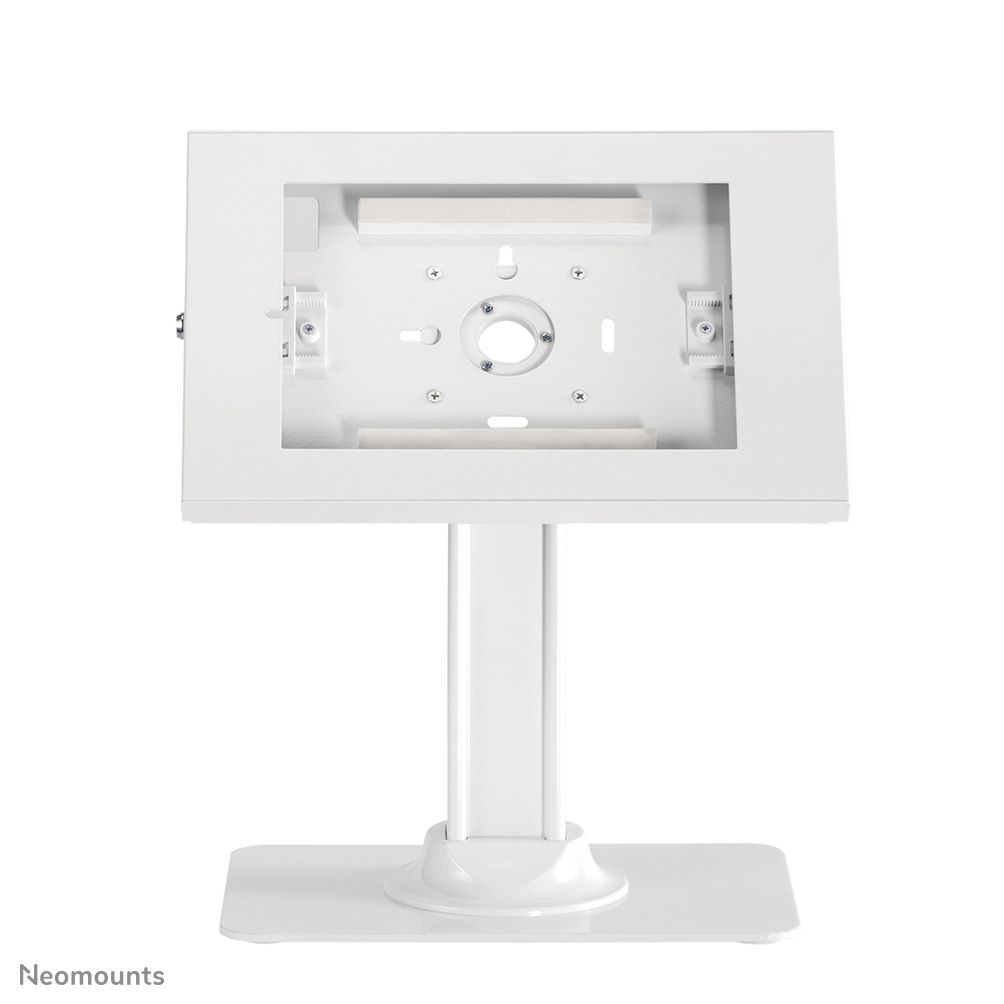 White Neomounts monitor mount with adjustable stand for desktop displays, VESA compatible