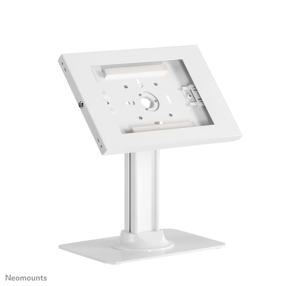 White Neomounts monitor stand with adjustable VESA mount for desktop displays
