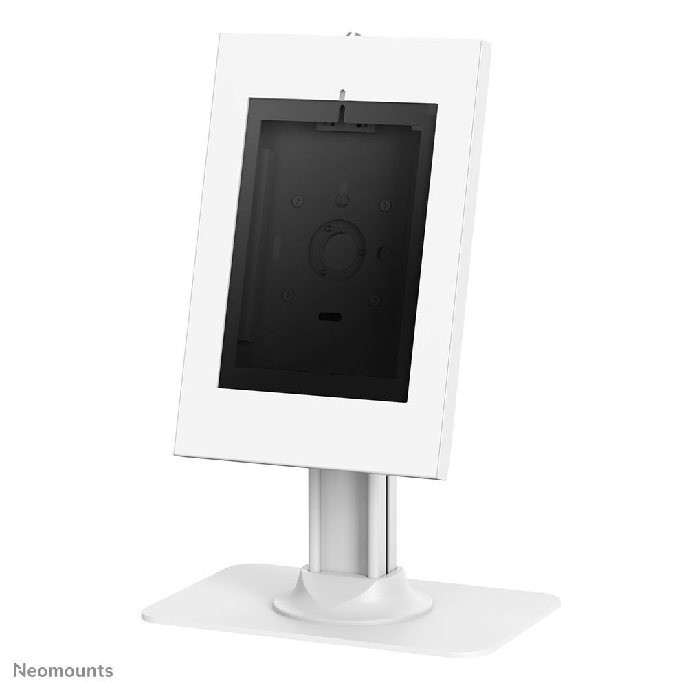 White tablet kiosk stand with secure enclosure for retail or office use