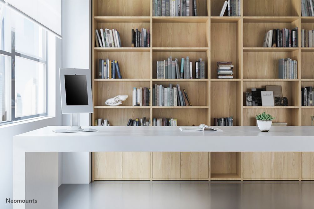 Modern office desk with computer monitor, bookshelf, and small plant in bright workspace