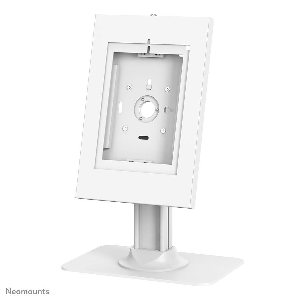 White Neomounts monitor mount with adjustable stand for desktop displays
