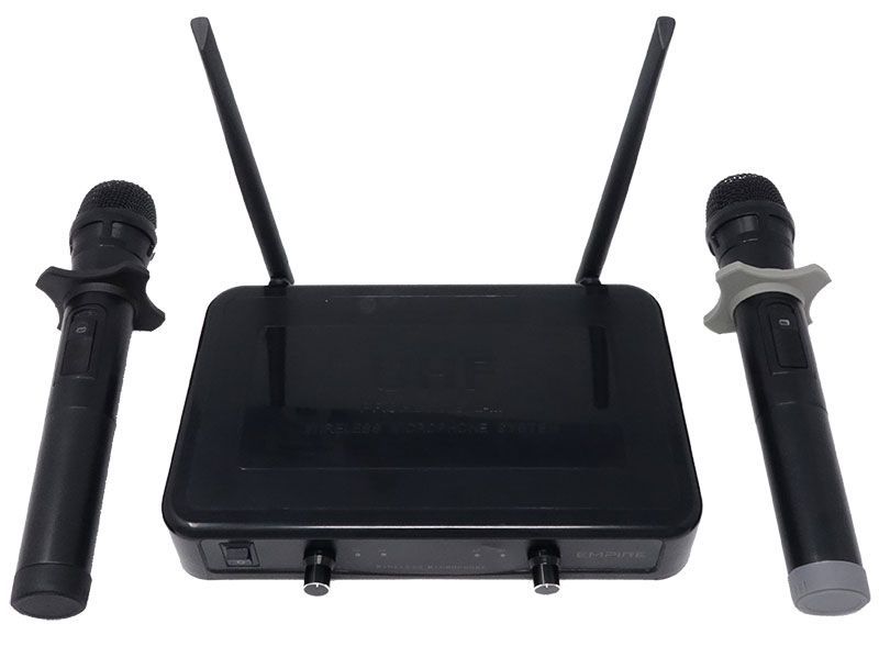 Wireless microphone system with dual handheld mics and receiver for karaoke or presentations