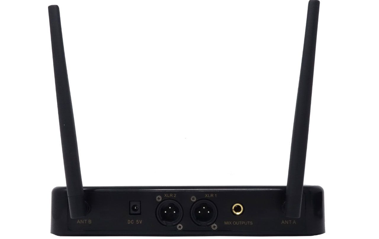 Black wireless audio receiver with dual antennas, XLR outputs, and DC 5V input for professional sound systems
