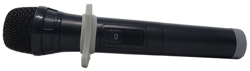 Black handheld microphone with on/off switch and gray grip, ideal for live performances and presentations.