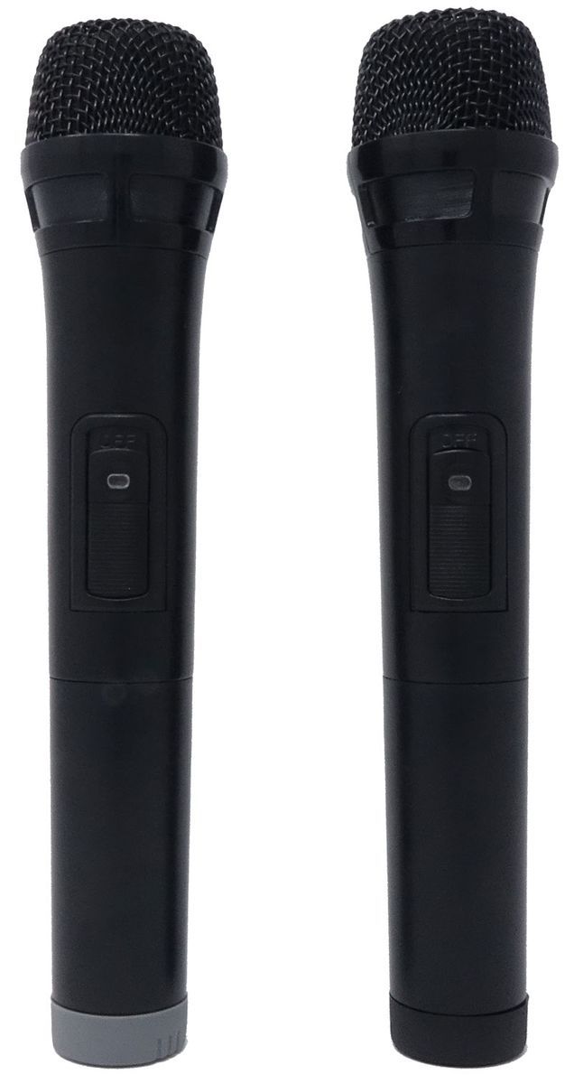 Two black handheld microphones with on/off switches, ideal for karaoke or live events.