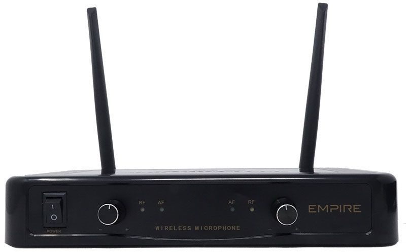 Empire wireless microphone receiver with dual antennas, RF/AF indicators, and volume knobs for audio systems
