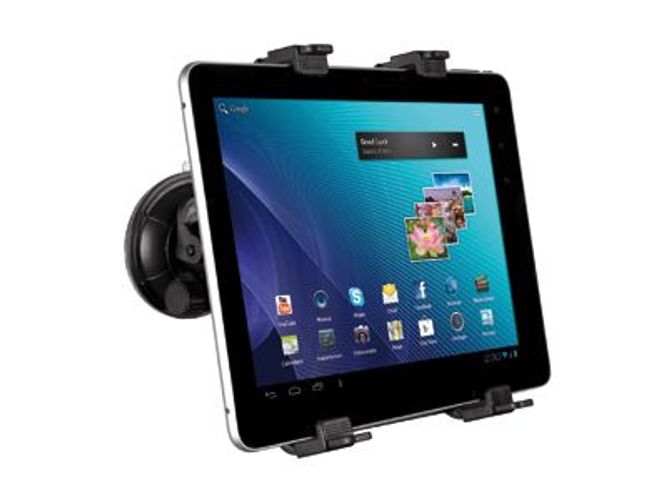 Tablet mounted on car suction cup holder with app icons displayed on screen