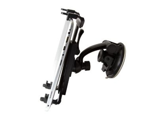 Black car mount holder with suction cup for tablet, adjustable arm, secure grip