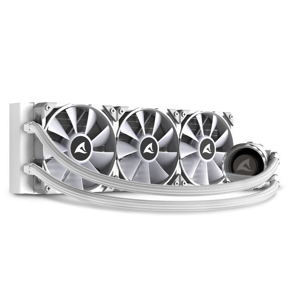 White 360mm liquid CPU cooler with three fans and braided tubes for PC cooling systems