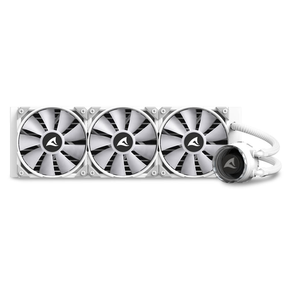 White 360mm liquid CPU cooler with three fans and pump, ideal for high-performance PC builds