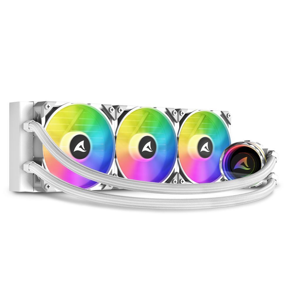 White RGB liquid CPU cooler with three fans and braided tubes for PC gaming and performance builds