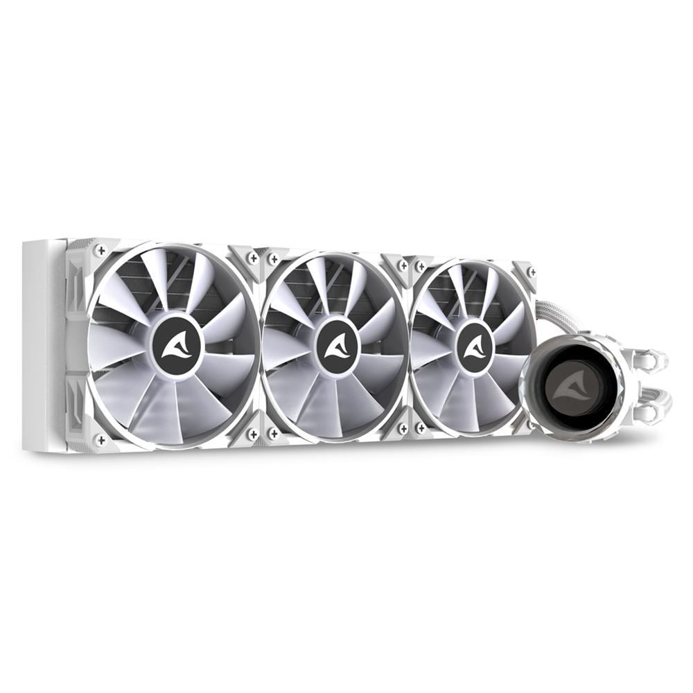 White 360mm liquid CPU cooler with three fans and pump, ideal for high-performance PC builds
