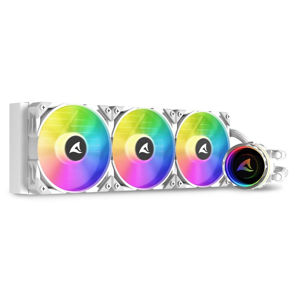 White RGB liquid CPU cooler with three fans and pump, ideal for gaming PC builds and IT hardware setups