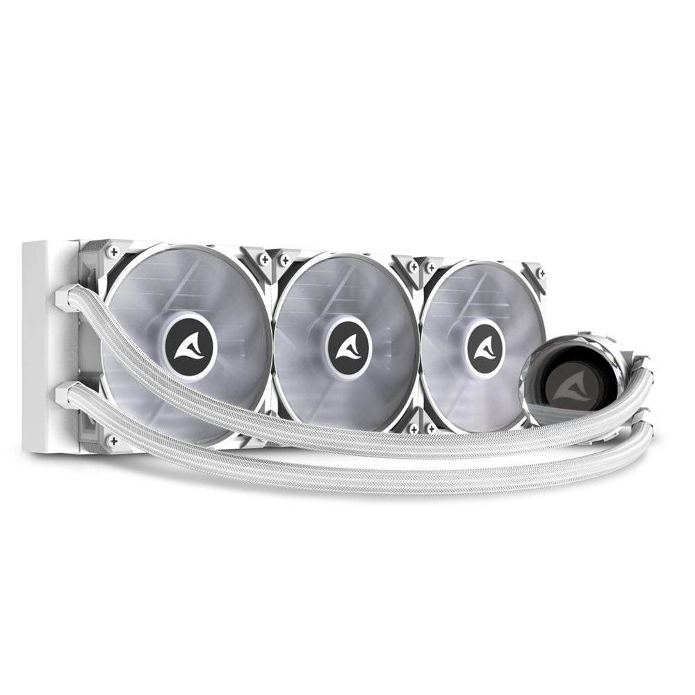 White 360mm liquid CPU cooler with three fans and braided tubes for PC cooling systems