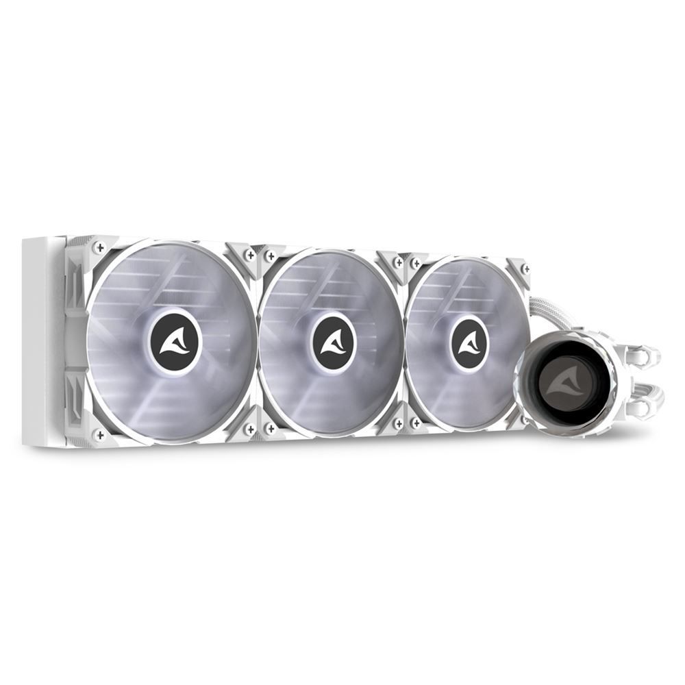 White 360mm liquid CPU cooler with three fans and pump, ideal for high-performance PC builds