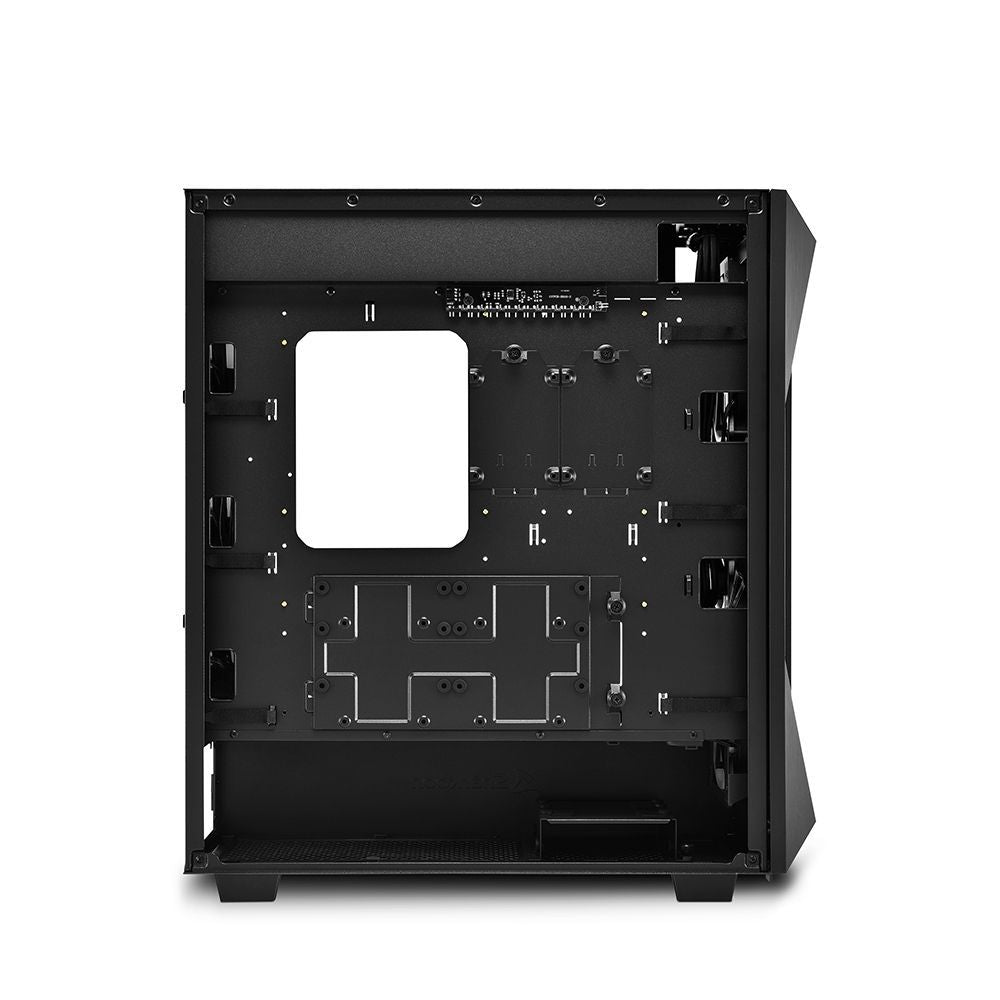 Black ATX mid-tower PC case interior with drive bays and cable management slots for custom builds