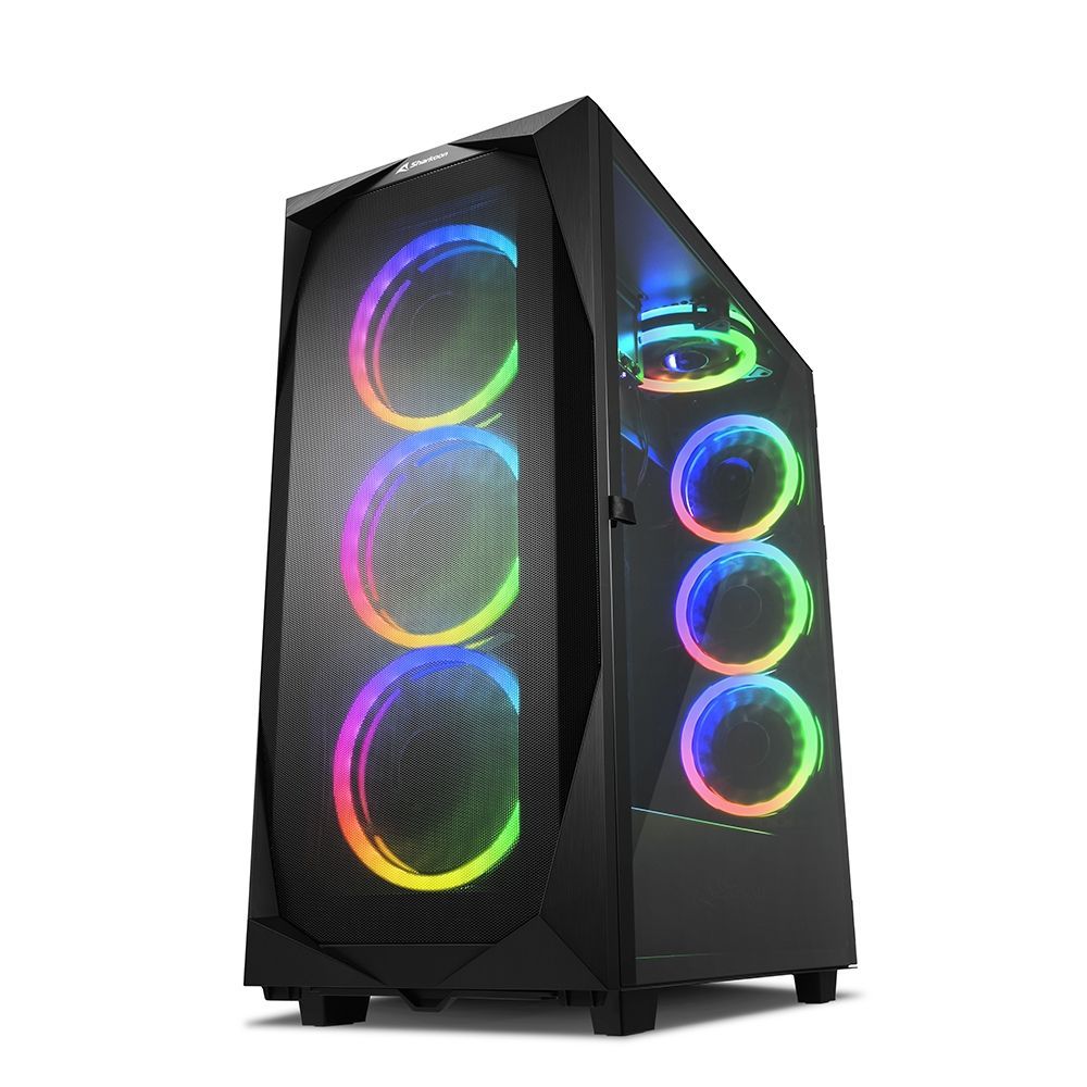 Black gaming PC case with RGB fans and tempered glass side panel, ideal for custom builds and IT hardware