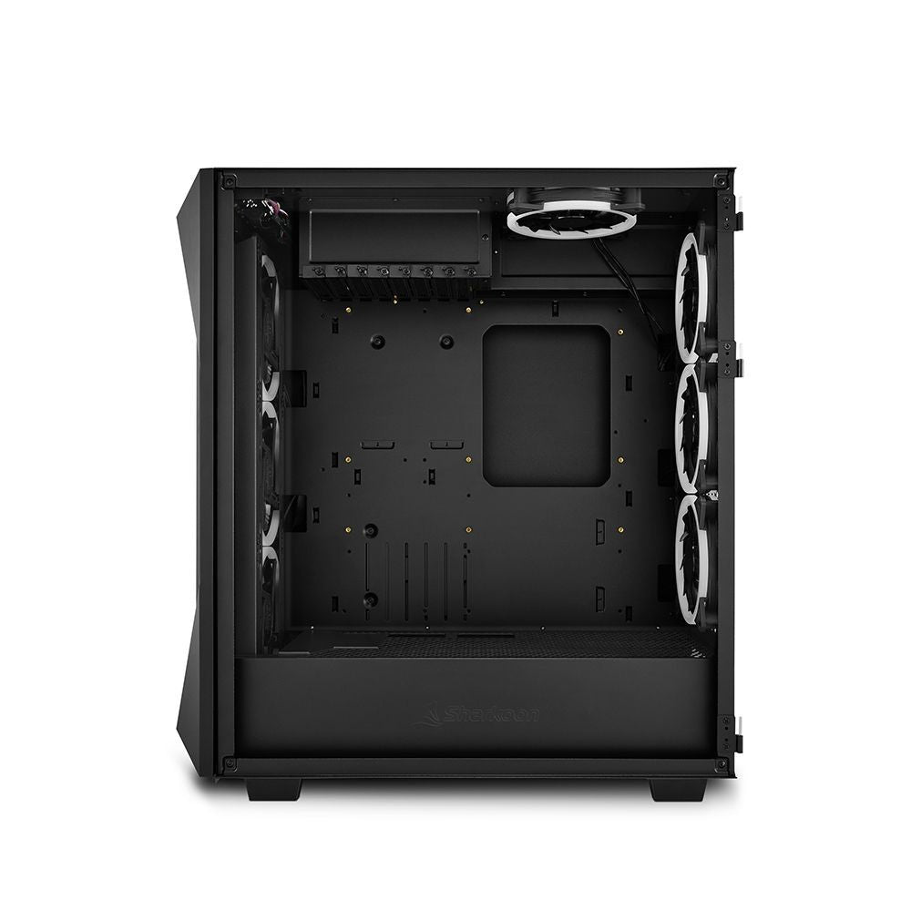 Black Sharkoon PC case interior with pre-installed fans, ideal for custom builds and IT hardware upgrades