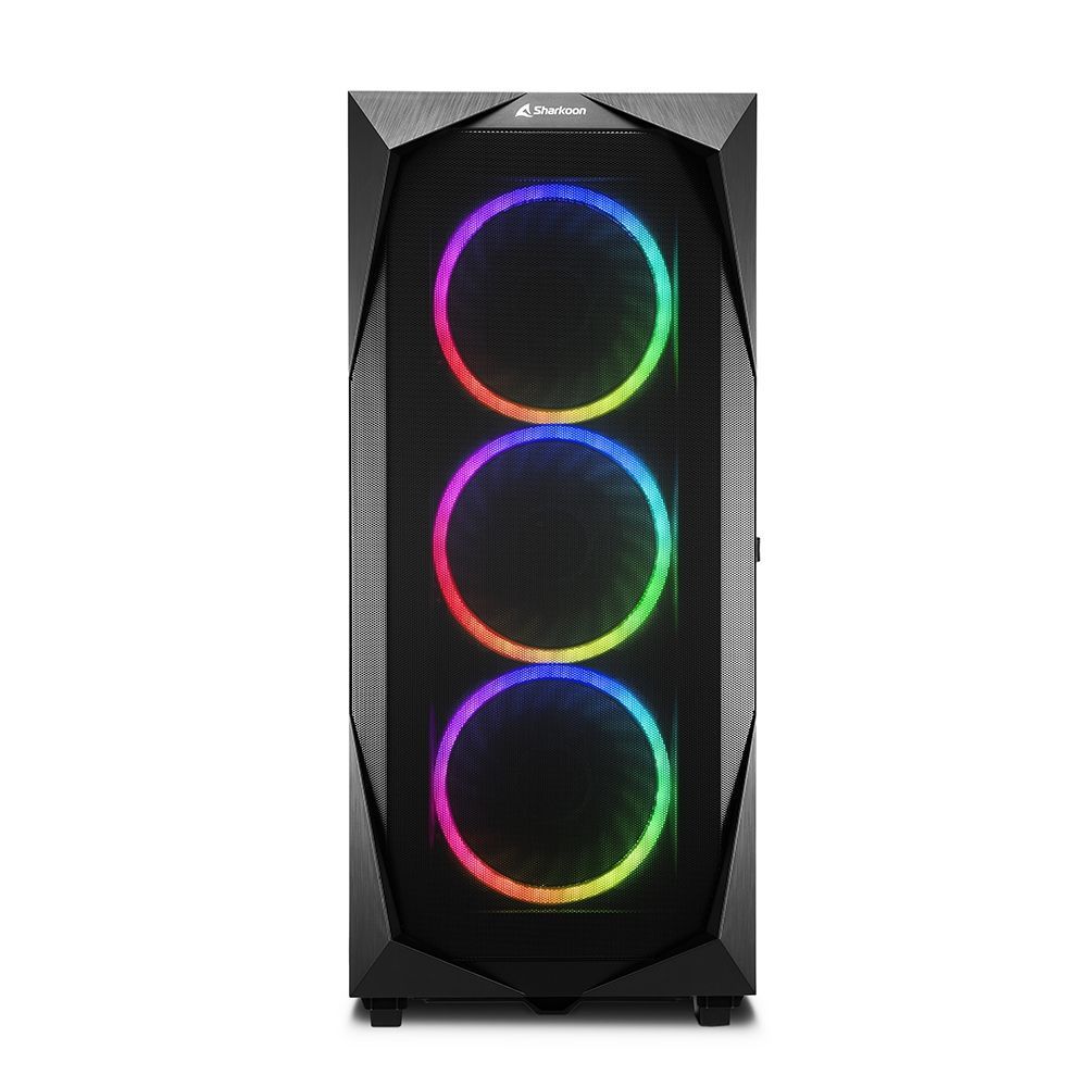 Black Sharkoon PC case with 3 RGB fans, mesh front panel, and angular design for gaming or IT builds