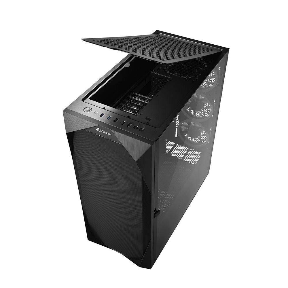 Black Sharkoon PC case with tempered glass side panel and mesh top, ideal for custom gaming builds