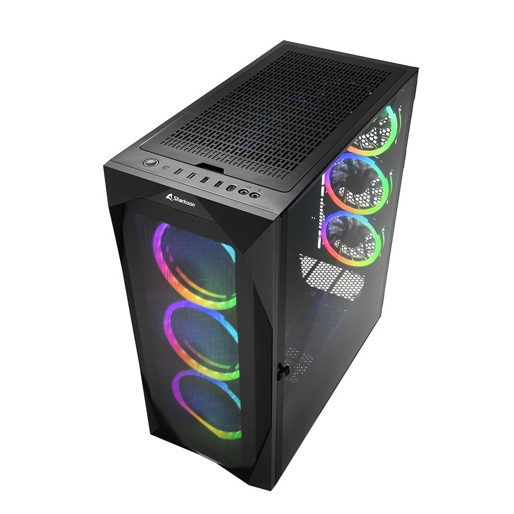 Black Sharkoon gaming PC case with RGB fans and tempered glass side panel