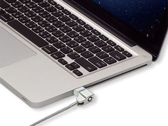Laptop with security cable lock attached, ideal for IT hardware protection in offices or retail