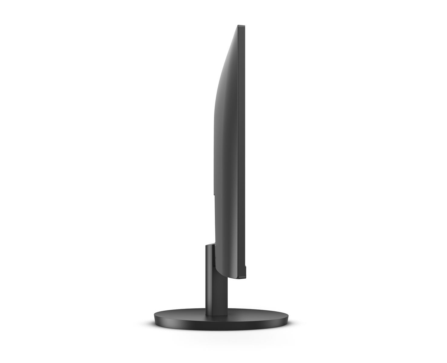Slim black computer monitor with stand, side view, for office or business use