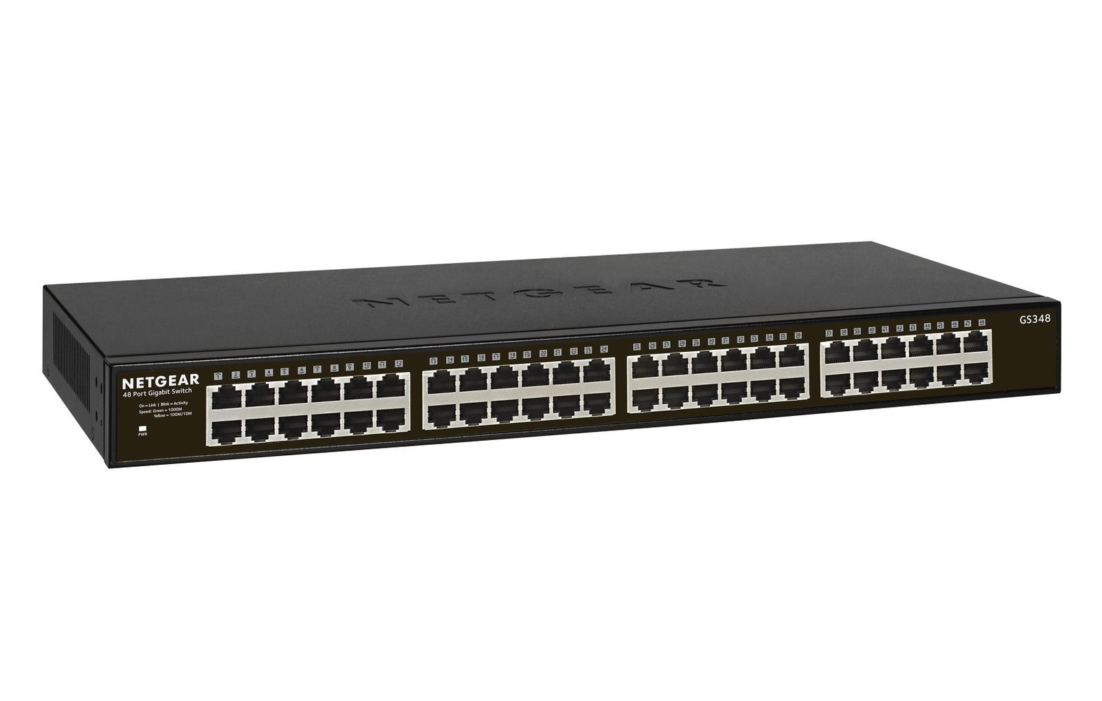 NETGEAR GS348 48-port Gigabit Ethernet switch for business networks, featuring RJ45 ports and LED indicators