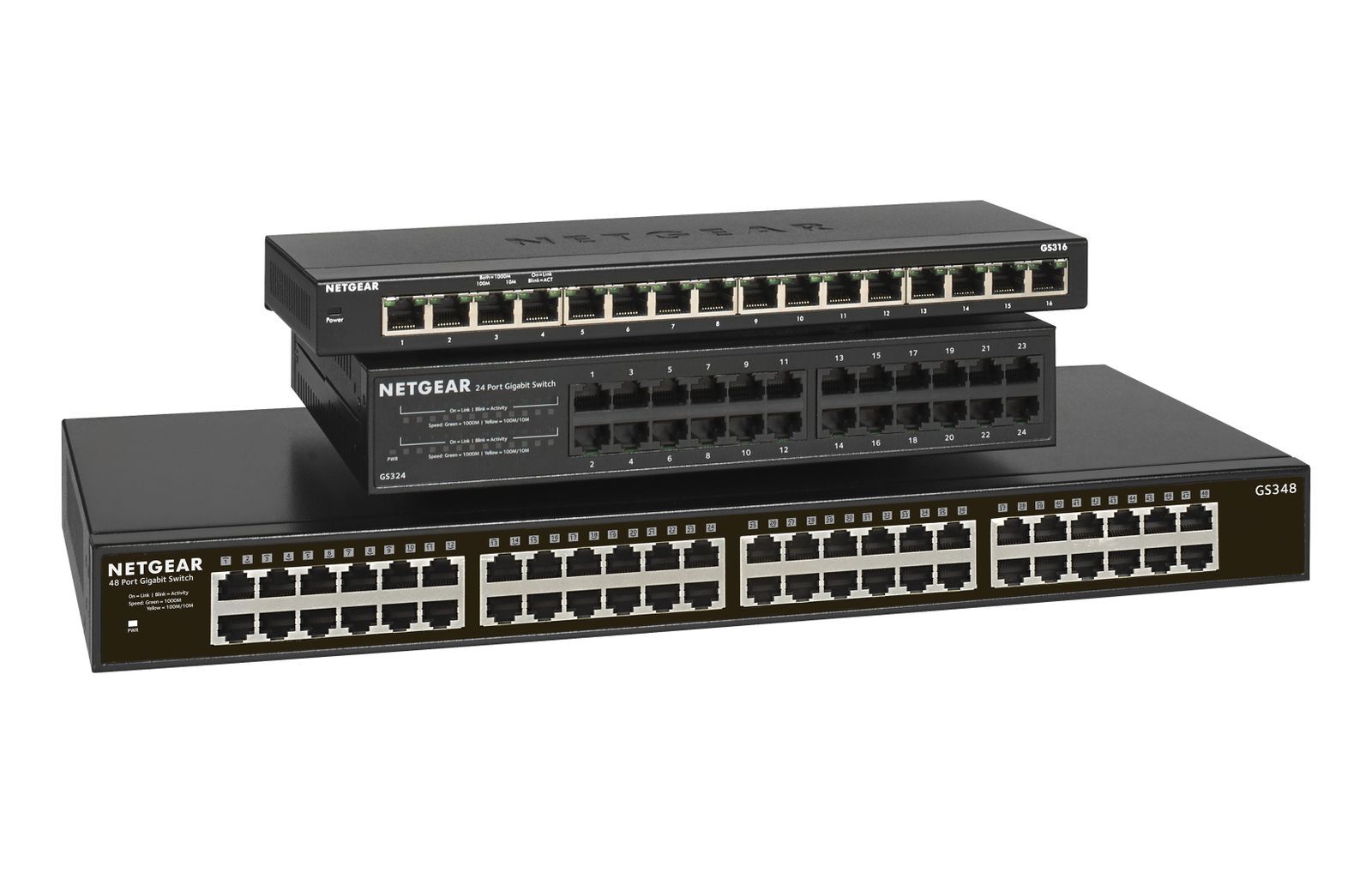 NETGEAR Gigabit Ethernet switches with 16, 24, and 48 ports for business networking solutions