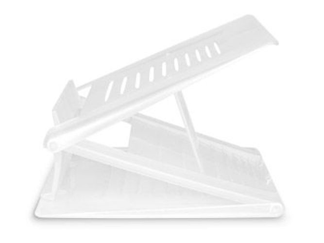 White adjustable laptop stand with ventilation slots for ergonomic office use