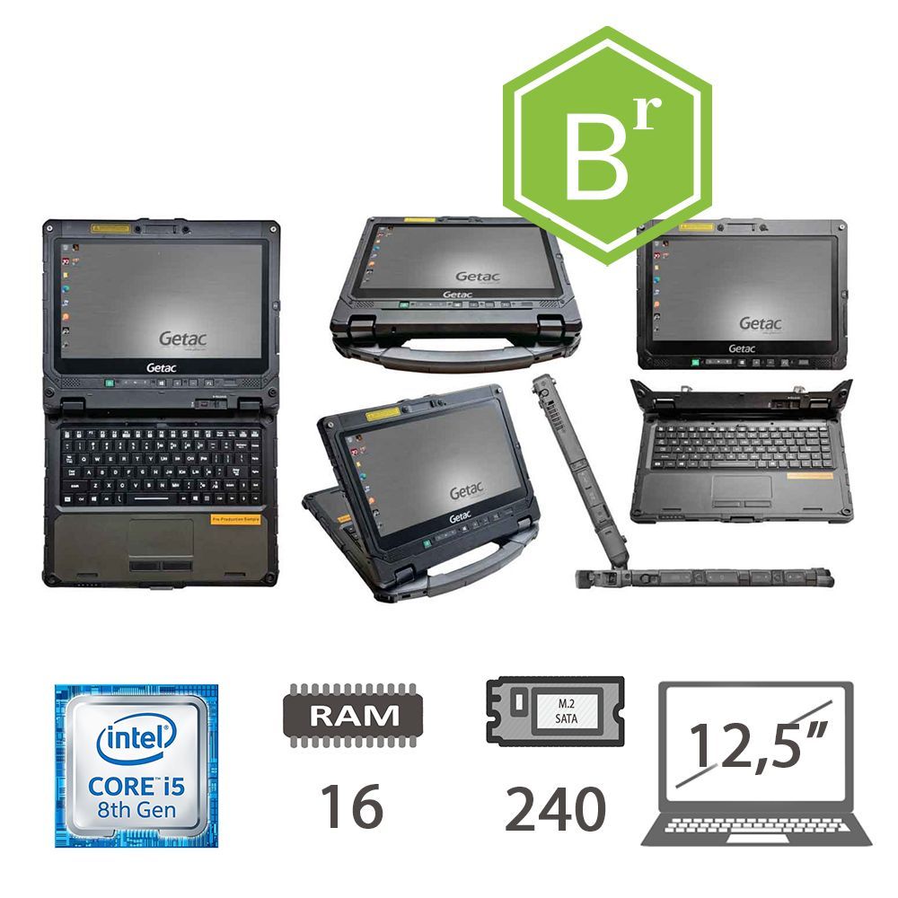 Getac rugged laptop with Intel Core i5 8th Gen, 16GB RAM, 240GB M.2 SSD, 12.5" display, B-rated durability