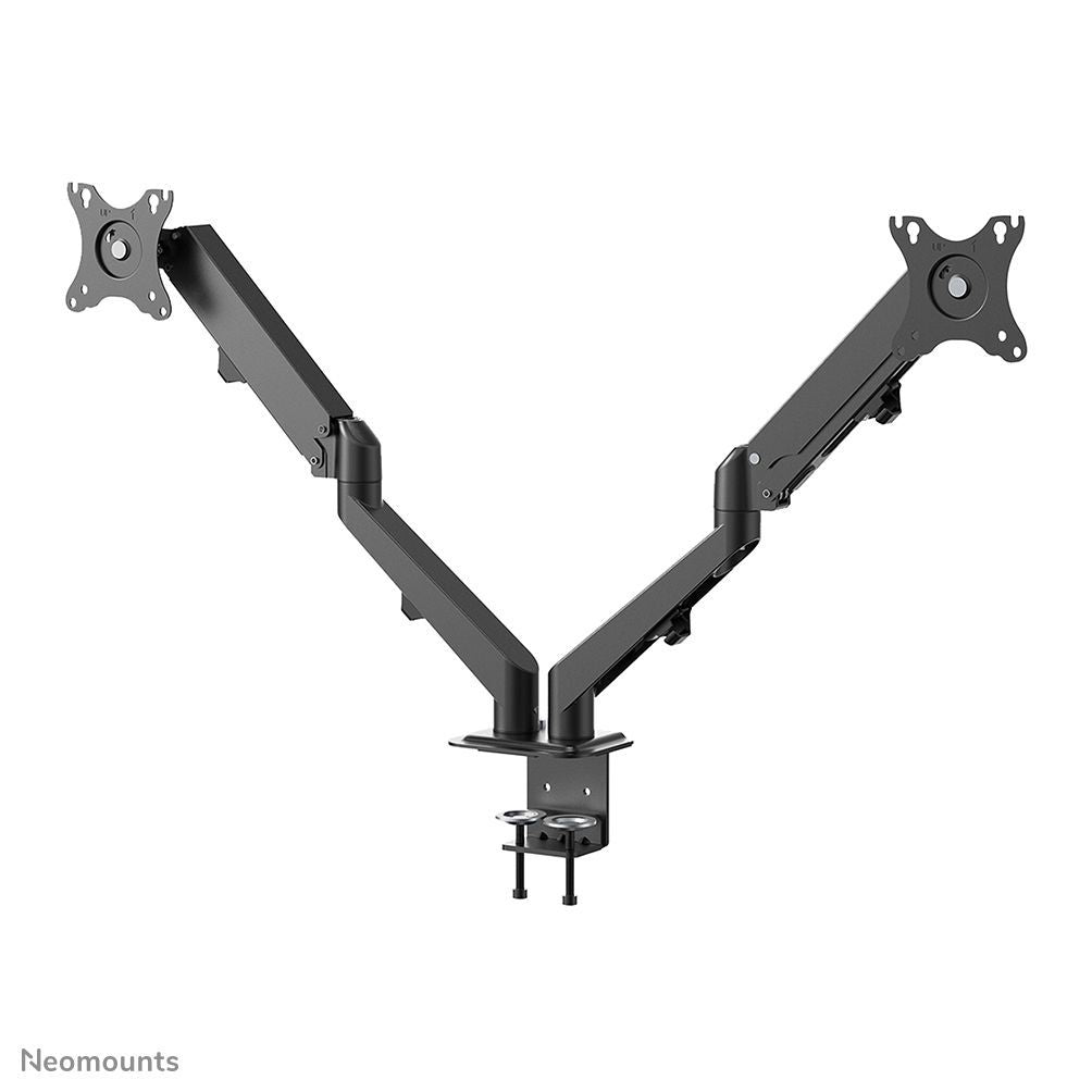 Dual monitor arm mount for desk, adjustable V-shaped design, black finish, Neomounts brand