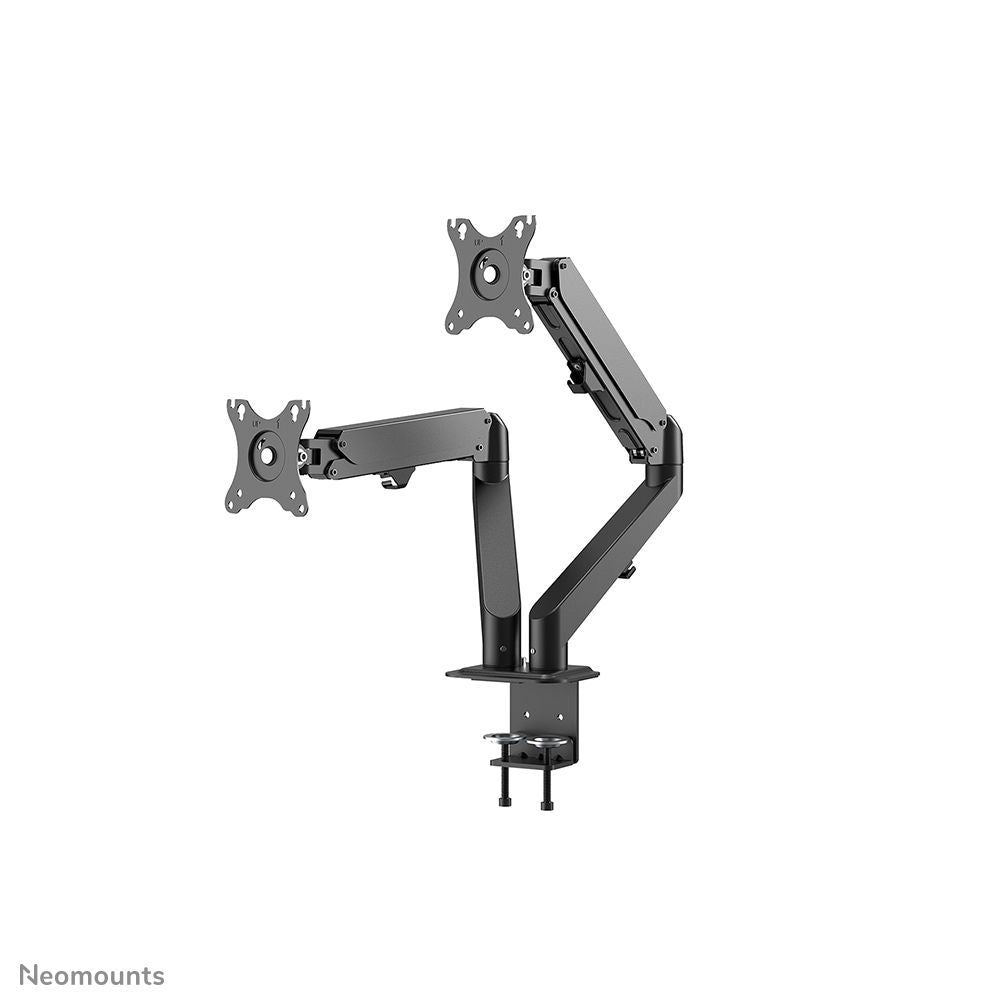Dual monitor arm mount for ergonomic desk setup, adjustable arms, VESA compatible, black finish