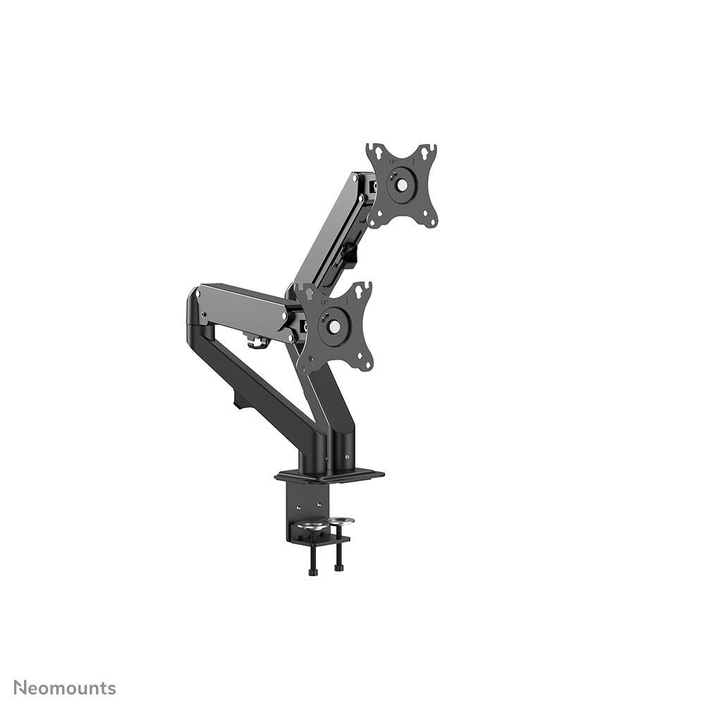 Dual monitor arm mount for ergonomic desk setup, adjustable black display holder