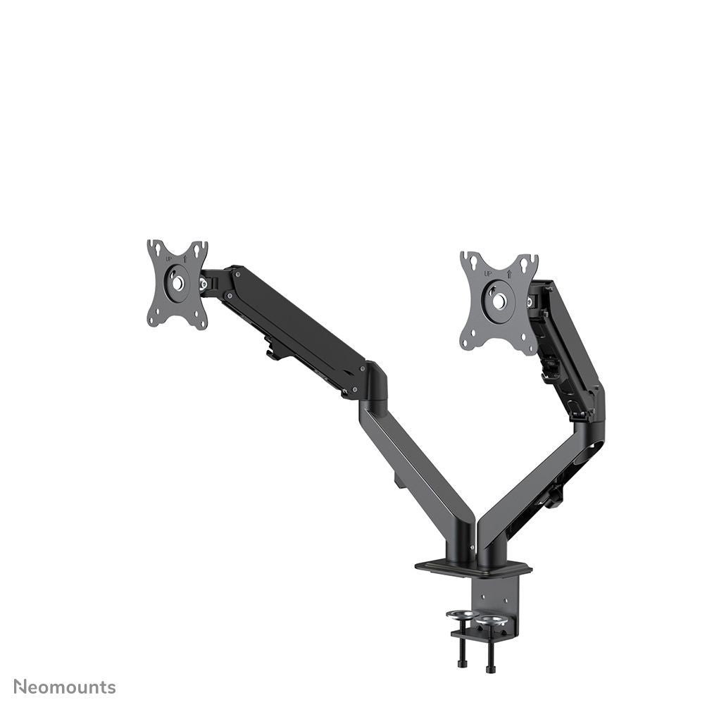 Dual monitor arm mount for ergonomic desk setup, adjustable black V-shaped design
