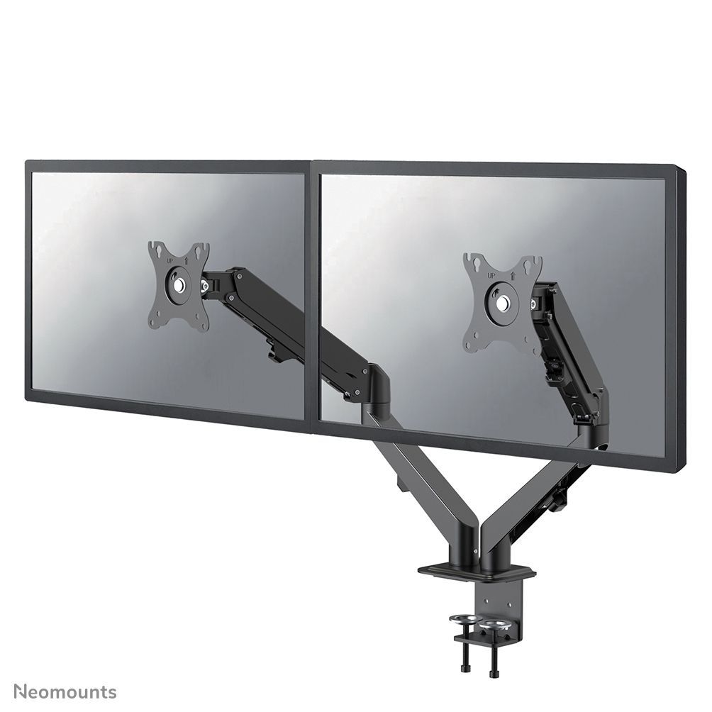 Dual monitor arm mount for ergonomic desk setup with adjustable arms and VESA compatibility