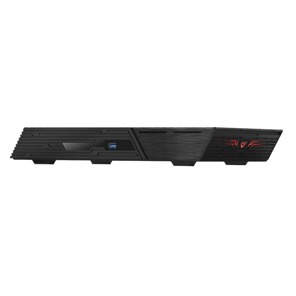 Black gaming PC case with red LED accents and USB port, sleek design for high-performance builds