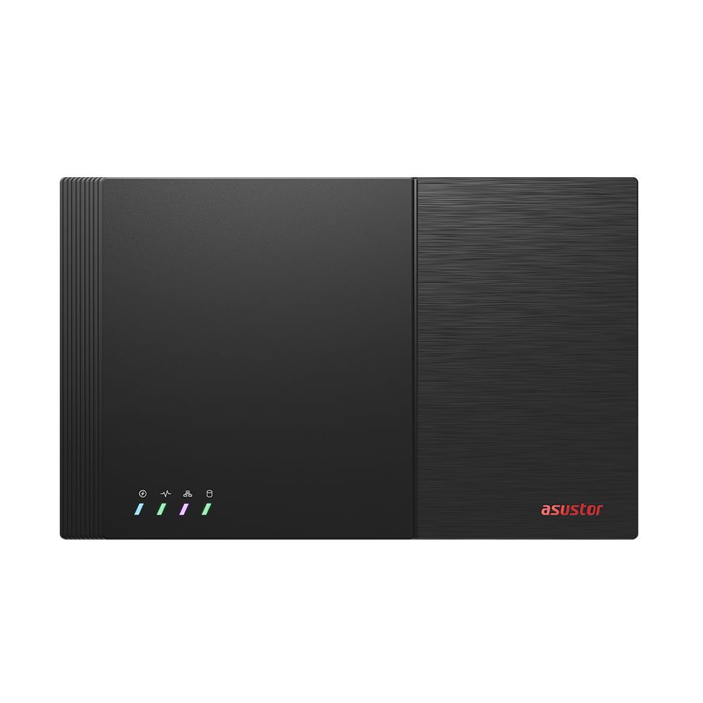 Asustor NAS server with LED indicators, black brushed metal design for business IT storage solutions
