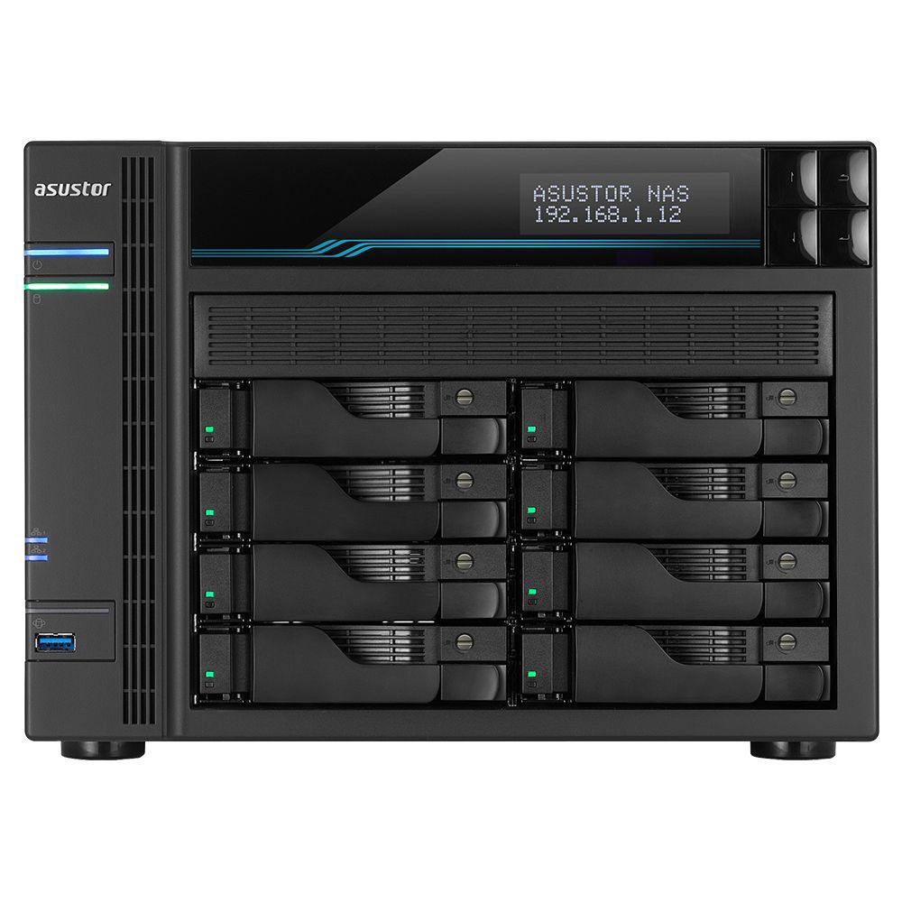 Asustor NAS server with 8 drive bays, LED indicators, and IP display for business data storage solutions