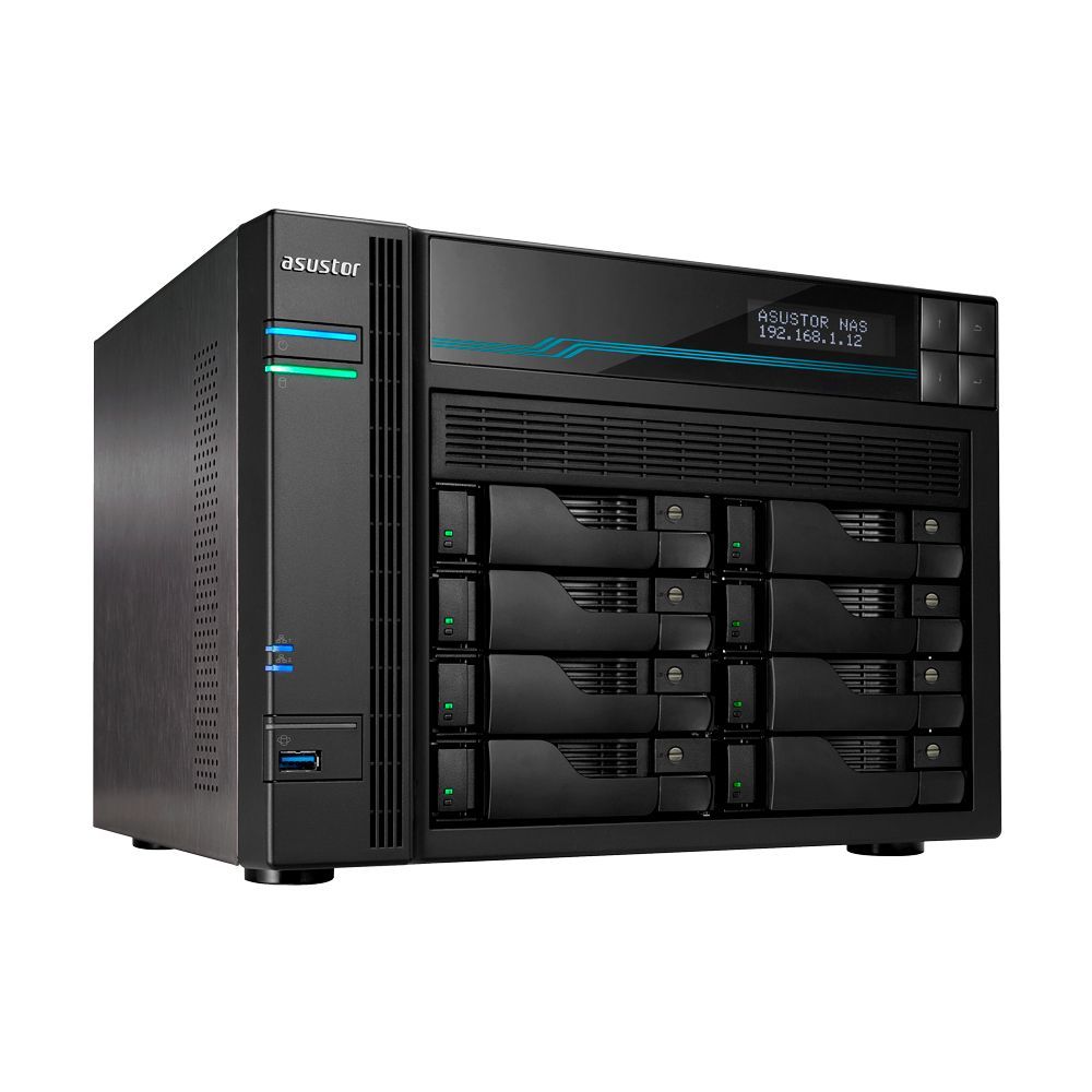 Asustor NAS server with 8 drive bays, LED indicators, and USB ports for business data storage and backup
