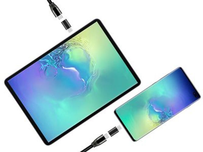 USB-C charging cable for tablet and smartphone with vibrant display screens